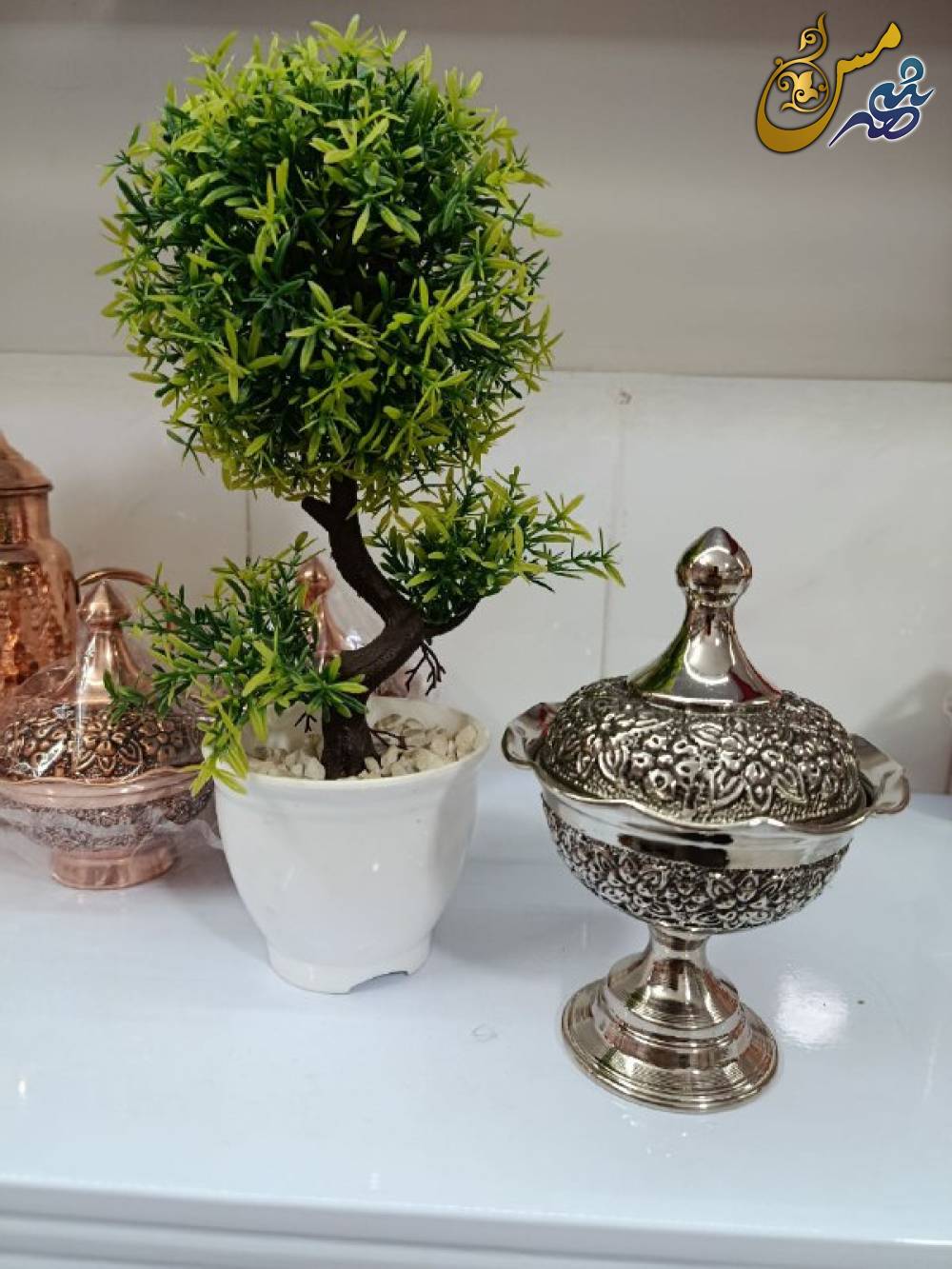 قندان مسی پایه دار گلبرگ کروم سیاه قلم