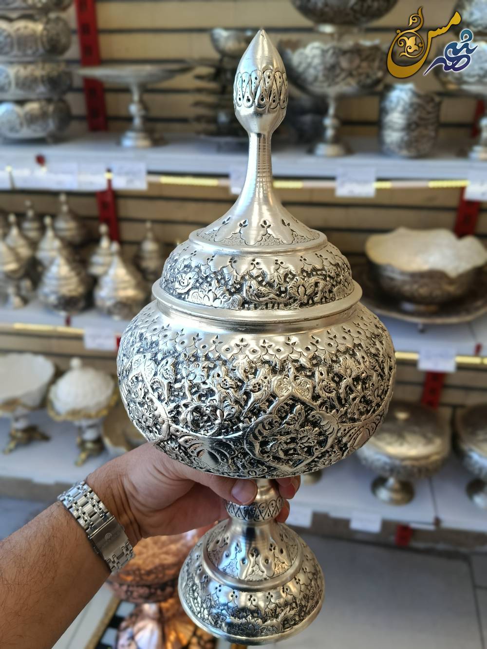 آجیل خوری مسی قلم نقره پایه دار