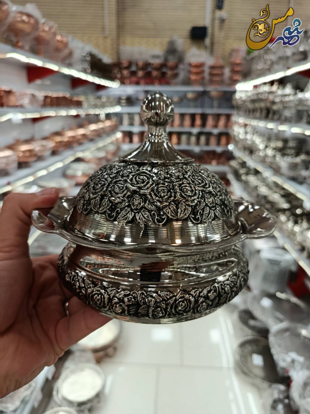 شکلات خوری مسی گلبرگ کروم بدون پایه درب دار
