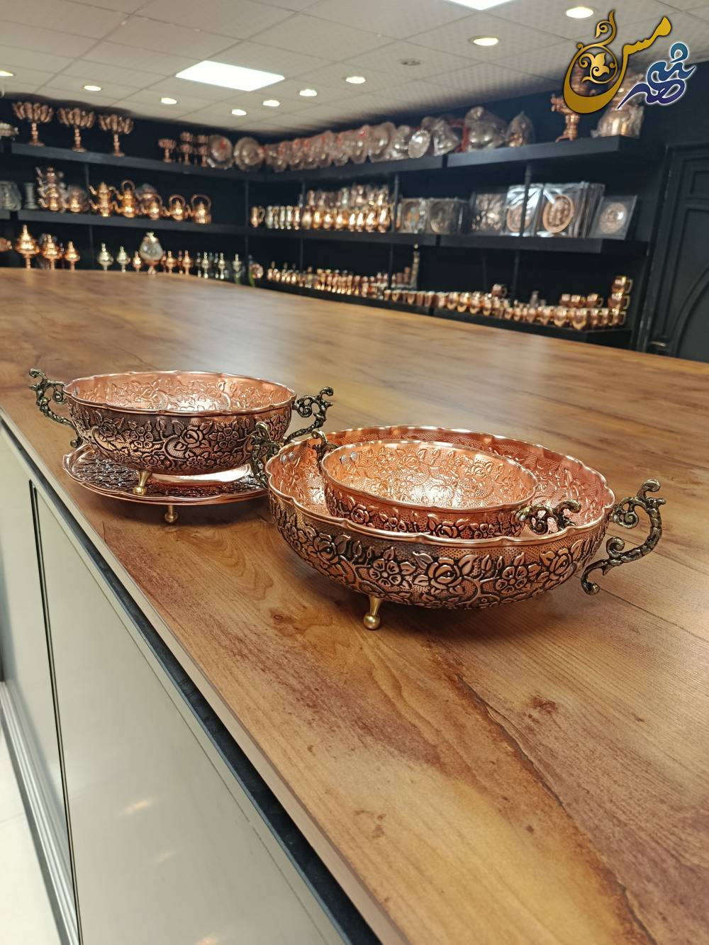 سرویس پذیرایی مسی گل درشت دسته دار سه پایه