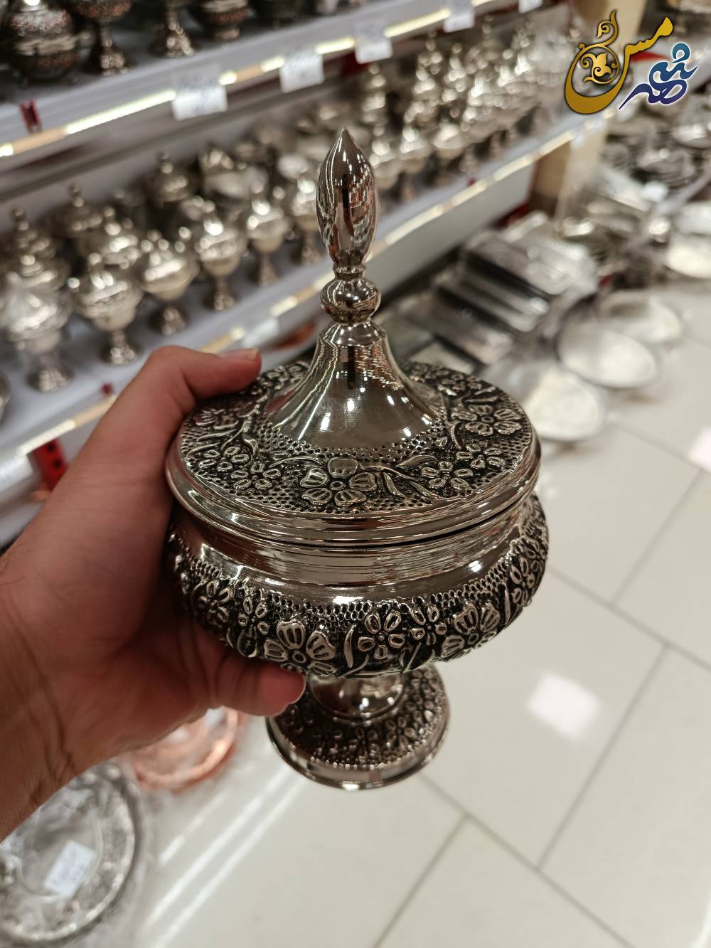 قندان مسی قجری گلبرگ کروم 