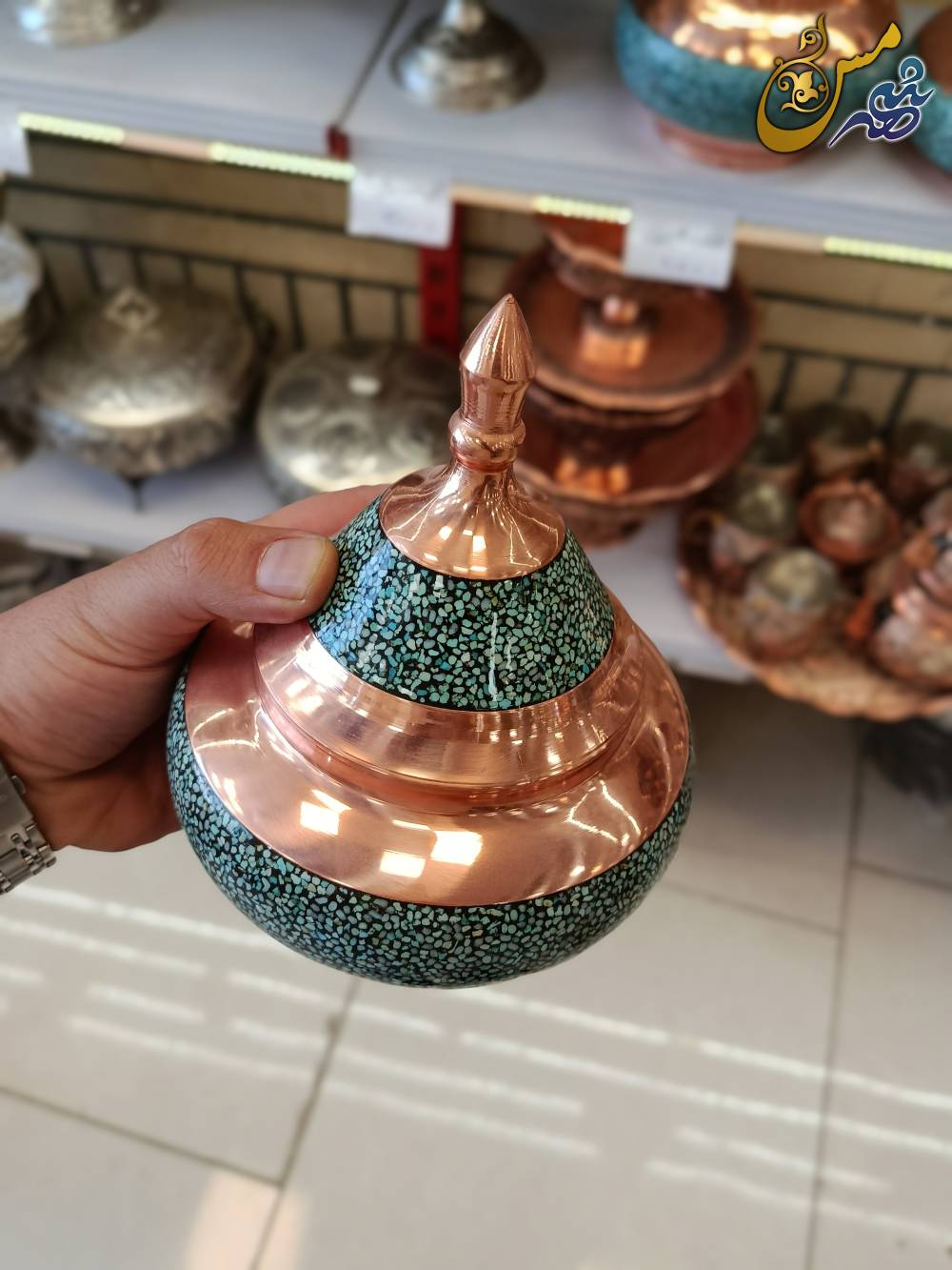 قندان مسی سفینه ای فیروزه کوب 