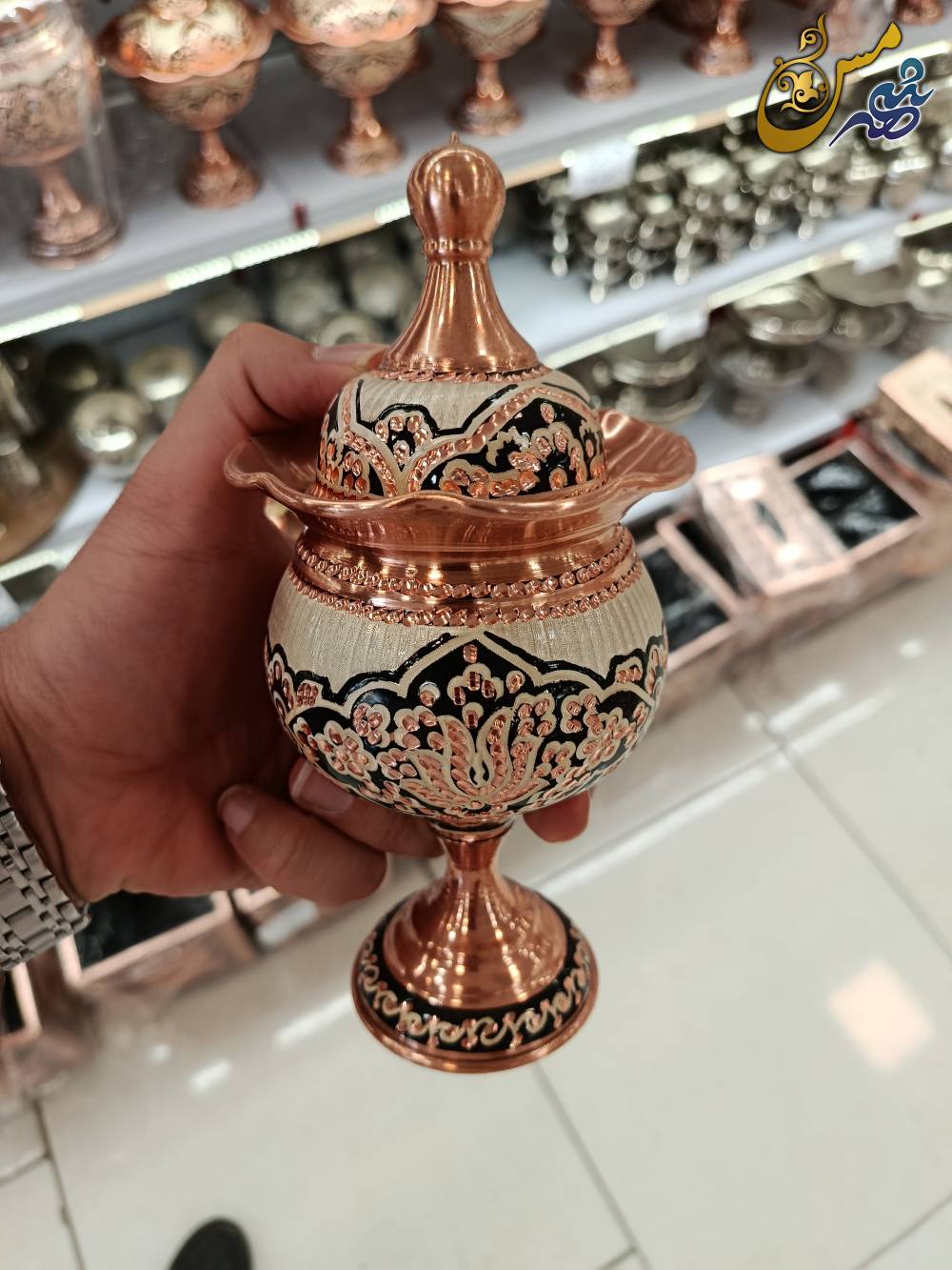 قندان مسی پایه دار نقره کوب